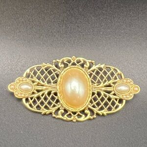 Vintage 1928 Jewelry Co faux pearl brooch, gold tone, c clasp